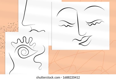 Arte contemporáneo abstracto, cara de línea continua, simple logo de belleza minimalista. Las obras de arte modernas se burlan de la sombra. Borde dibujado a mano. Colores naturales formas orgánicas.
