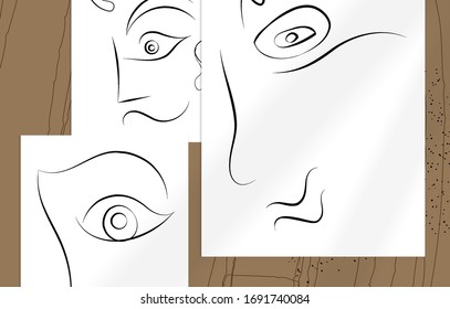 Abstract contemporary art, continuous line face,  simple minimalism beauty logo. Modern artwork mock up with shadow overlay. Vector sketch hand drawn background. Natural colors organic shapes.