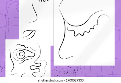 Abstract contemporary art, continuous line face,  simple minimalism beauty logo. Modern artwork mock up with shadow overlay. Vector sketch hand drawn background. Natural colors organic shapes.