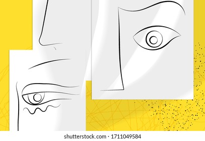 Abstract contemporary art, continuous line face,  simple minimalism beauty logo. Modern artwork mock up with shadow overlay. Vector sketch hand drawn background. Natural colors organic shapes.