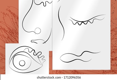 Abstract contemporary art, continuous line face,  simple minimalism beauty logo. Modern artwork mock up with shadow overlay. Vector sketch hand drawn background. Natural colors organic shapes.