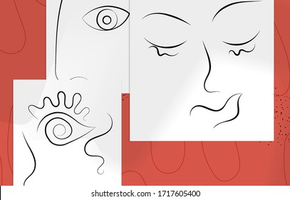 Abstract contemporary art, continuous line face,  simple minimalism beauty logo. Modern artwork mock up with shadow overlay. Vector sketch hand drawn background. Natural colors organic shapes.