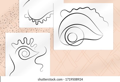 Abstract contemporary art, continuous line face,  simple minimalism beauty logo. Modern artwork mock up with shadow overlay. Vector sketch hand drawn background. Natural colors organic shapes.