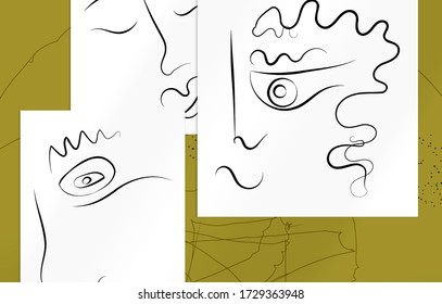 Abstract contemporary art, continuous line face,  simple minimalism beauty logo. Modern artwork mock up with shadow overlay. Vector sketch hand drawn background. Natural colors organic shapes.