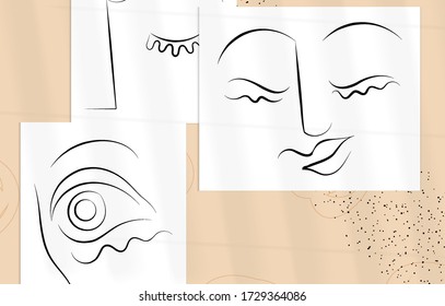 Abstract contemporary art, continuous line face,  simple minimalism beauty logo. Modern artwork mock up with shadow overlay. Vector sketch hand drawn background. Natural colors organic shapes.