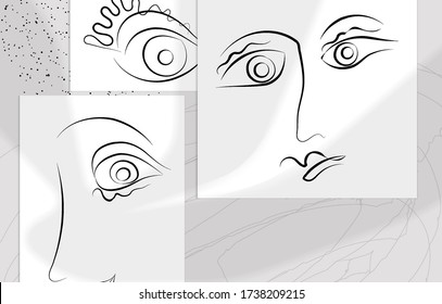 Resumen de arte contemporáneo, contínua cara de línea, simple logo de belleza minimalista. Las obras de arte modernas se burlan de la sombra. Esbozo vectorial de fondo dibujado a mano. Colores naturales formas orgánicas.