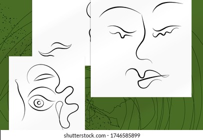 Resumen de arte contemporáneo, contínua cara de línea, simple logo de belleza minimalista. Las obras de arte modernas se burlan de la sombra. Esbozo vectorial de fondo dibujado a mano. Colores naturales formas orgánicas.