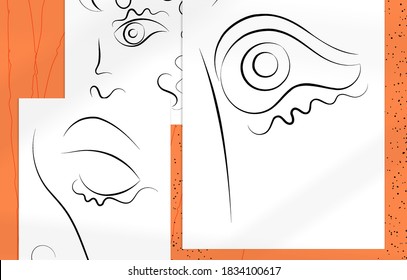 Abstract contemporary art, continuous line face,  simple minimalism beauty logo. Modern artwork mock up with shadow overlay. Vector sketch hand drawn background. Natural colors organic shapes.