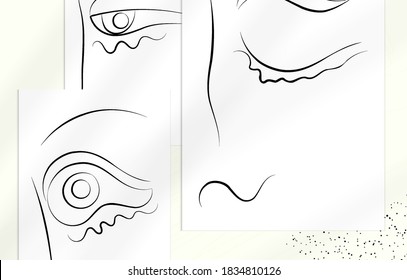 Abstract contemporary art, continuous line face,  simple minimalism beauty logo. Modern artwork mock up with shadow overlay. Vector sketch hand drawn background. Natural colors organic shapes.
