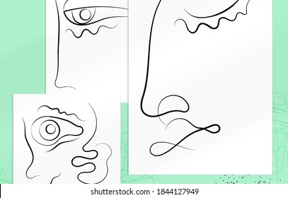 Abstract contemporary art, continuous line face,  simple minimalism beauty logo. Modern artwork mock up with shadow overlay. Vector sketch hand drawn background. Natural colors organic shapes.