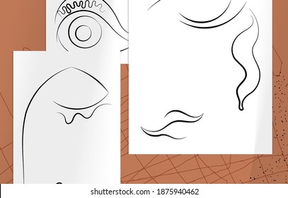 Resumen de arte contemporáneo, contínua cara de línea, simple logo de belleza minimalista. Las obras de arte modernas se burlan de la sombra. Esbozo vectorial de fondo dibujado a mano. Colores naturales formas orgánicas.