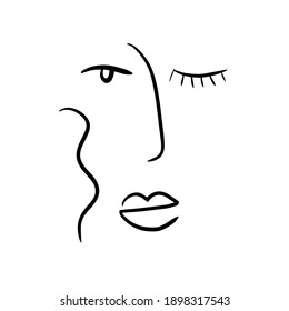 Resumen de arte contemporáneo. Cubismo de cara lineal. Sencillo logotipo de belleza mínimo. Dibujo continuo de líneas. Diseño de moda vintage para afiches, volantes, impresos, tarjetas. camiseta. 