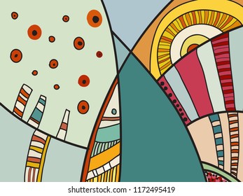 Abstract contemporary art with doodles. Vector colorful pattern for poster, postcard, backdrop. Illustration with vivid abstract composition template. Psychedelic doodle graphic with lines, circles.