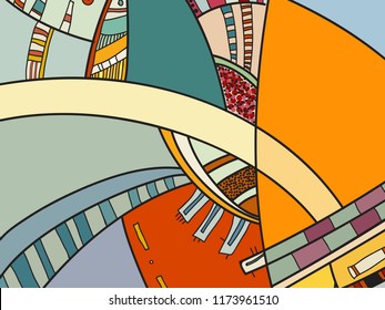 Abstract contemporary art with doodles. Vector colorful pattern for poster, postcard, backdrop. Illustration with vivid abstract composition template. Psychedelic doodle graphic with lines, circles.