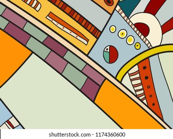Abstract contemporary art with doodles. Vector colorful pattern for poster, postcard, backdrop. Illustration with vivid abstract composition template. Psychedelic doodle graphic with lines, circles.