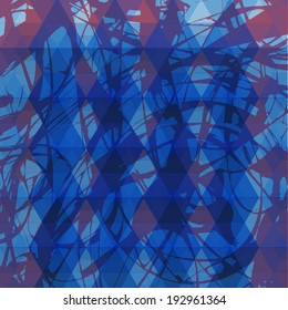 Abstract contemporary art: dynamic digital composition showcases stunning interplay of blue tones, crimson accents, and lavender shades through intricate triangular forms creating visually stimulating mosaic. Overlapping layers generate depth and movement throughout structured layout, while sweeping ebony lines crisscross backgrounds adding rhythmic energy to this geometrically precise piece. Fragmented shapes rendered in varying azure colours evoke tranquil yet thought-provoking atmosphere, inviting viewers to explore complexities within meticulously arranged artwork. Palette predominantly features cool, rich sapphire hues that contrast elegantly with warmer scarlet accents, establishing harmonious balance that enhances overall visual impact. This piece leads gaze across artwork, creating sense of flow and continuity suitable for modern interior decor, tech industry applications, branding materials, and trendy marketing promotions. Artistic geometry resonates within creative circles, making design ideal choice for professionals seeking striking visual elements.