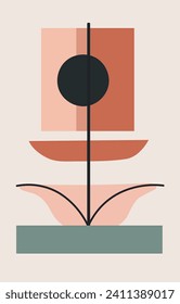Abstract contemporary art. Minimalist poster with hand drawn shapes on pastel colors. Trendy boho aesthetic. Design for poster, wall decoration, cover, social media.
