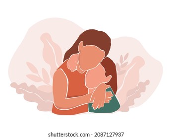 Abstract contemporary art portrait of two people together. Mom and baby hug. The concept of motherhood, love for children, family. Vector graphics.