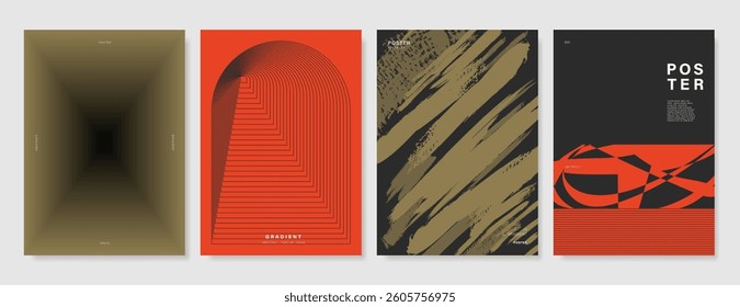 Abstract Contemporary art poster vector set. Modern cover template with orange, black and white perspective geometric prism shape. Ideal design for background, social media, banner, ads.
