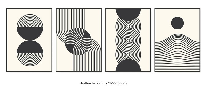 Abstract Contemporary art poster vector set. Modern cover template with black and white perspective geometric prism shape. Ideal design for background, social media, banner, ads.