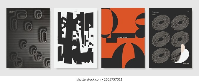 Abstract Contemporary art poster vector set. Modern cover template with orange, black and white perspective geometric prism shape. Ideal design for background, social media, banner, ads.