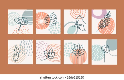 Abstract contemporary art posters collection. Doodle shapes and one line floral drawings 