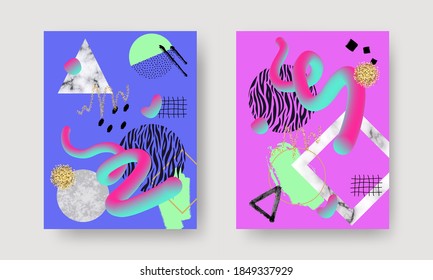 Abstract contemporary art posters with marble stones, doodle textures, geometric shapes, animal pattern, plants, dots and watercolor elements. Trendy modern backgrounds for postcards, brochure cover
