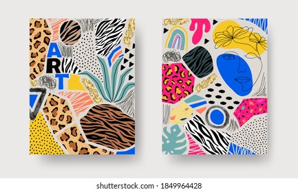 Abstract contemporary art posters with patchwork, plants, animal pattern, geometric shapes, lines, textures. Trendy modern backgrounds for fashion print, wall decoration, postcard, brochure cover