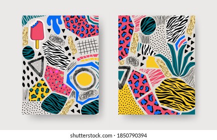 Abstract contemporary art posters with patchwork, plants, animal pattern, geometric shapes, lines, textures. Trendy modern backgrounds for fashion print, wall decoration, postcard, brochure cover