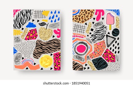 Abstract contemporary art posters with patchwork, plants, animal pattern, geometric shapes, lines, textures. Trendy modern backgrounds for fashion print, wall decoration, postcard, brochure cover