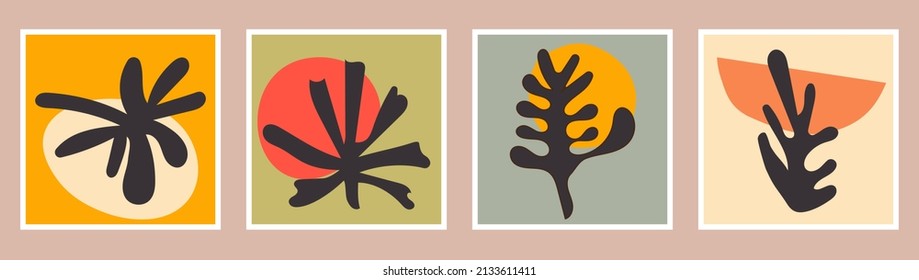 Abstract contemporary art posters set. Matisse style inspired collection of coral elements. Modern organic shapes vector illustrations. Wall decor, brochure, social media post template