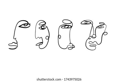 Abstract contemporary art. Set cubism faces. Hand drawn simple minimalism beauty logo. Continuous line drawing. Vintage trendy design for poster, flyer, print, card. t-shirt. 