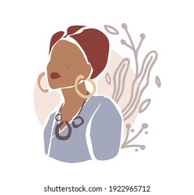 Abstract and contemporary art styled portrait of African woman with dark skin. Ethnicity elegant concept, feminine beauty, hand drawn simple lines. Vector illustration.