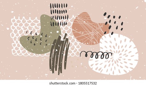 Abstrakter zeitgenössischer künstlerischer Hintergrund. Wandkunst mit handgezeichneten Elementen in neutralen Farben. Organische Formen. EPS10 Vektorgrafik