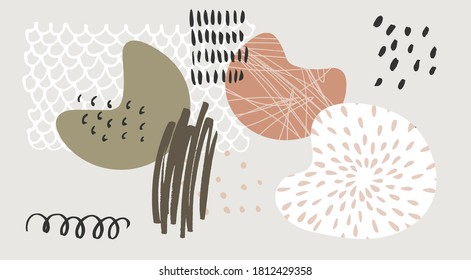 Abstract contemporary artistic background. Wall art with hand drawn elements in neutral muted earthy terracotta, burnt orange, nude colors. Organic shapes illustration