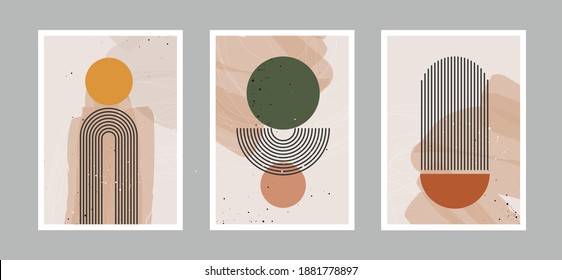 Abstract contemporary arts background with geometric balance shapes, rainbow and sun for wall decoration, postcard or brochure cover design. Vector illustrations design.