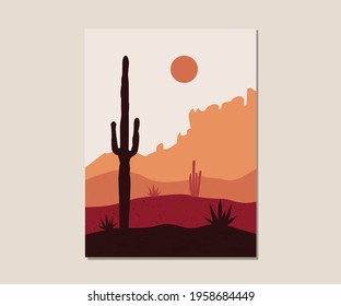 Abstract contemporary background with desert and mountains. Cactuses in mexican desert background. Cactus Boho wall decor. 