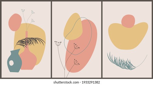 Abstract contemporary background in pastel colors with abstract organic shapes, palm leaves, earthenware jug. Design for posters, postcards, print. Hand drawn vector set.