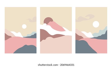 Abstract contemporary backgrounds landscapes Boho wall decor. Mountain background muted colors wall art vector. Poster and cover design set