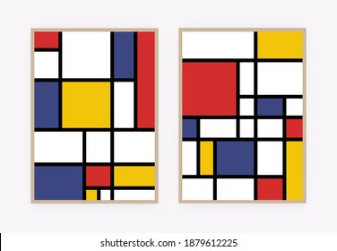 Abstract Contemporary Backgrounds. Mondrian Inspired Graphic Posters, Modern Trendy Collage Set, Wall Art Decor. Vector Illustration