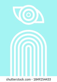 Abstract contemporary blue background with geometric balance shapes of rainbow. Wall decoration. Mid century modern art. Minimalist art design. Organic cover. Brochure, poster.
