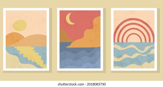 Abstract contemporary boho landscape posters. Modern sun, moon, mountains, rainbow, sea minimalist wall decor. Nature backgrounds for your social media.