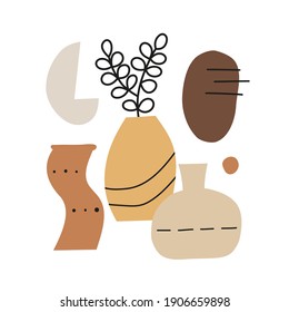 Abstract contemporary collage minimal art with vases, plant and geometric shapes iolated on white background. Mid century poster in brown and pastel colors.