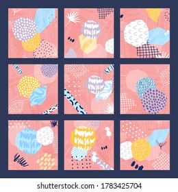 Abstract contemporary colorful collage background set. Hand drawn template for card, flyer, social media post and invitation design. Vector illustration. Brush textures, scribbles, collage elements.