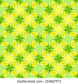 Abstract contemporary decorative seamless pattern with different geometrical shapes of green and yellow shades
