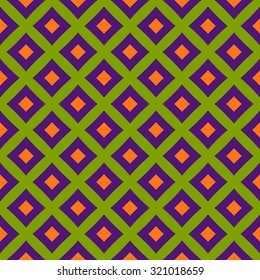 Abstract contemporary decorative seamless pattern with squares of violet and orange colors on apple green background