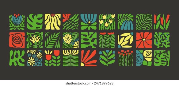 Abstract contemporary floral elements, pop art nature tiles for design, banners, printable. Fashion modern flower decor, funny racy vector plant 