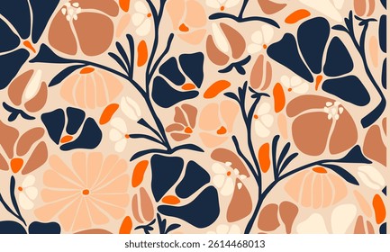 Abstract Contemporary Floral Seamless Pattern. Colorful Organic Shapes Ornament. Trendy Creative Design for Fabric, Prints, Social Media, Textile, Invitations, Branding. Vector Illustration. Not AI