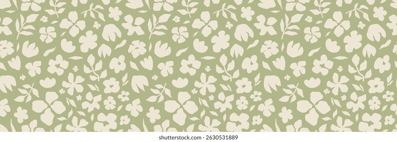 Abstraktes zeitgenössisches florales, nahtloses Muster mit handgezeichneten Formen, Blumen und Blättern. Lebhafter Boho Print. Grüner Sommerabdruck. Moderne Collage, Vektorgrafik. Vektorgrafik