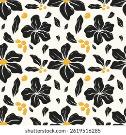 Abstraktes zeitgenössisches, nahtloses Blumenmuster in schwarz-gelben Farben auf weißem Hintergrund. Minimalistisches handgezeichnetes Blumenmuster für Stoffe, Textilien, Umhüllungspapier, Karten. Beige und Grün